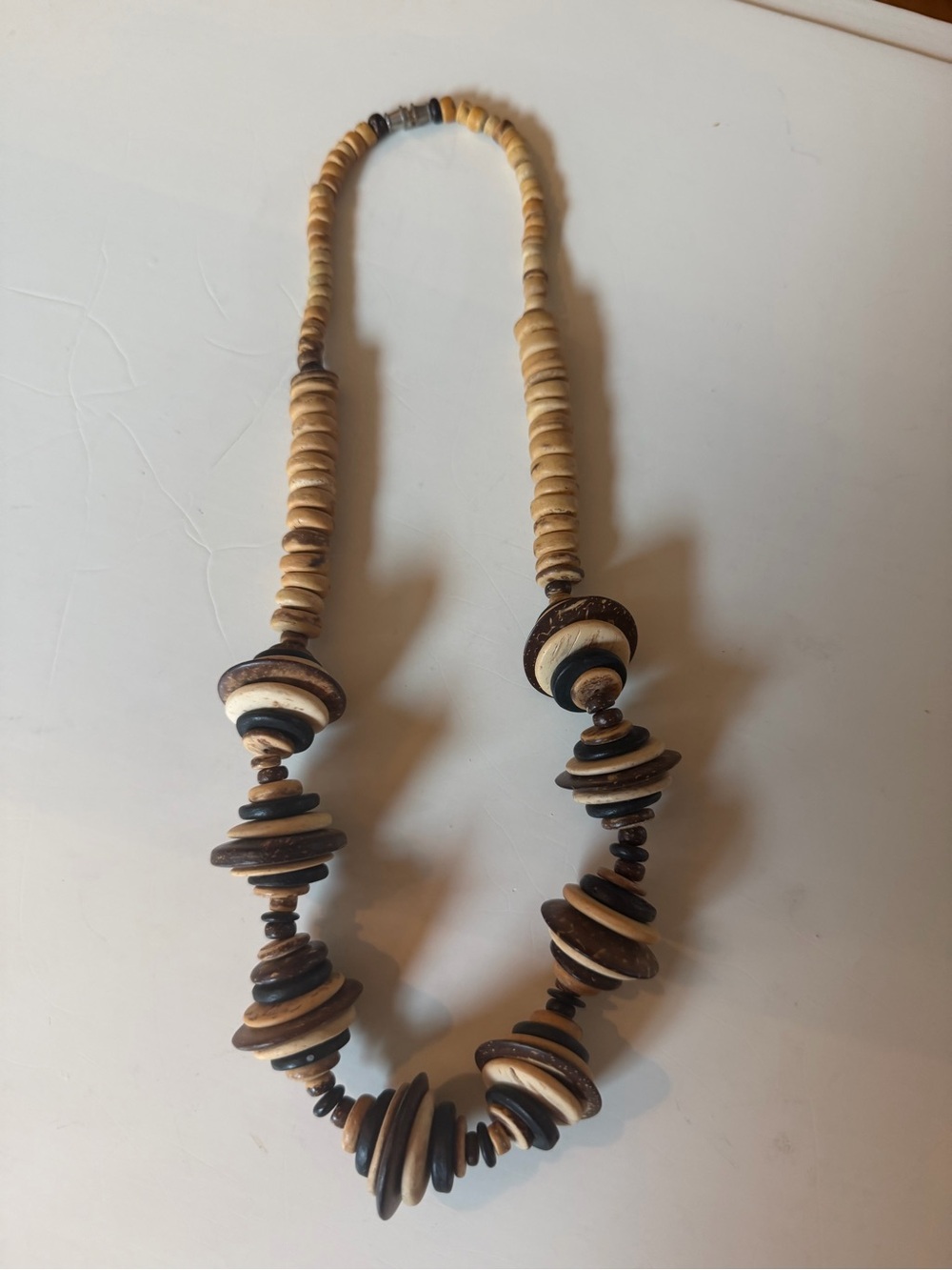 Handcrafted Vintage 1970s Natural Wood and Bone Bead Necklace - Neutral Brown